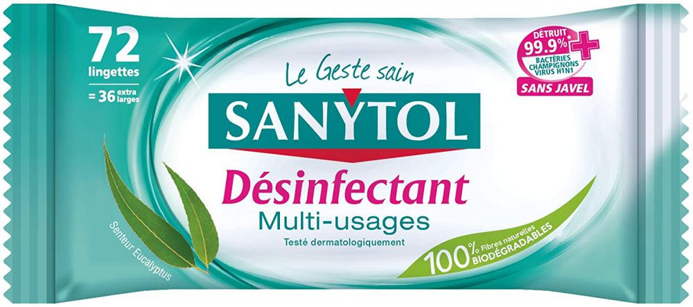 Lingette Sanytol Desinfectante Multi Usages Eucalyptus Lot de 72 PTE4